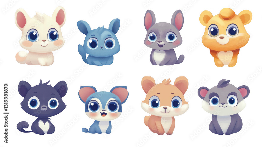 Fototapeta premium Cute Cartoon Animals in Colorful Style with Big Eyes and Smiles