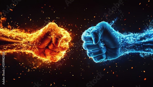 Dynamic clash of two fists made of fire and ice meeting in a dramatic burst of energy representing a powerful battle between heat and cold elements
