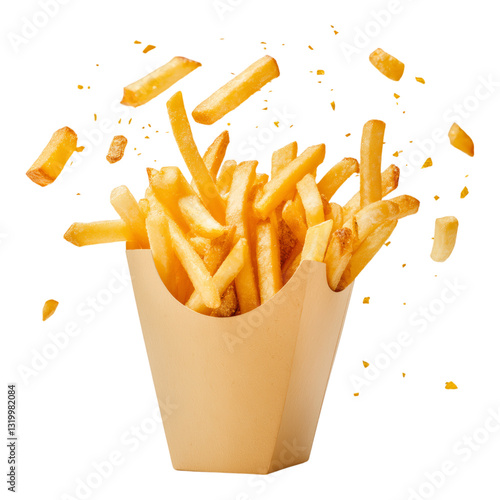 French fries exploding from cardboard container with transparent background