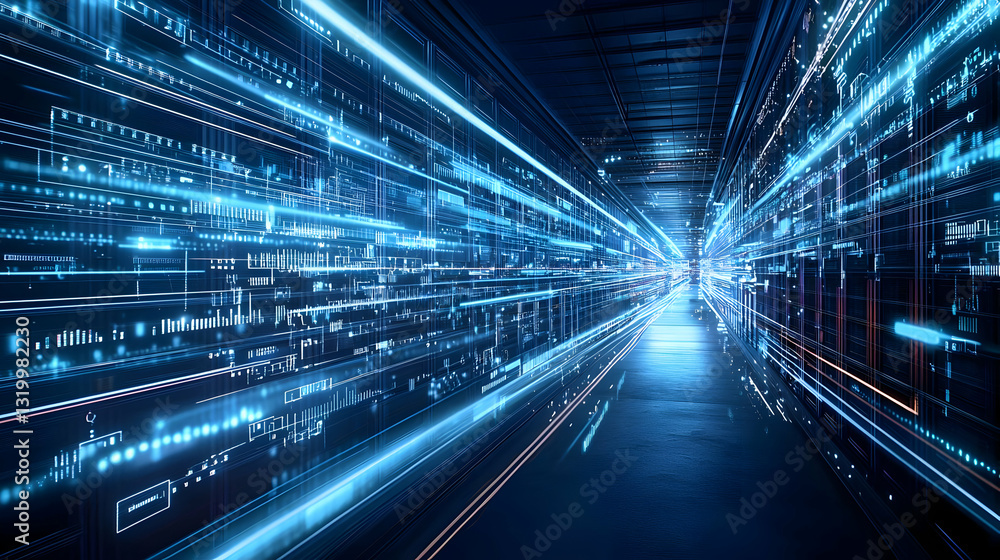 Futuristic Data Center Corridor With Blue Glowing Data Streams and Dark Concrete Floor in Perspective View Futuristic Data Center Corridor With Blue Glowing Data Streams and Dark Concrete Floor in Perspective View