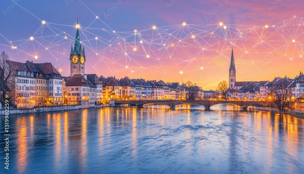 A picturesque riverside view at sunset, featuring historic buildings, a bridge, and a network of lights creating a magical atmosphere. A picturesque riverside view at sunset, featuring historic buildings, a bridge, and a network of lights creating a magical atmosphere.