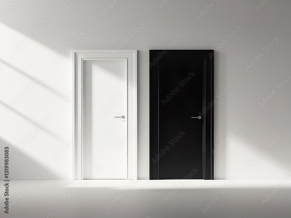 White and black doors, life path, two paths, choice, good and evil White and black doors, life path, two paths, choice, good and evil