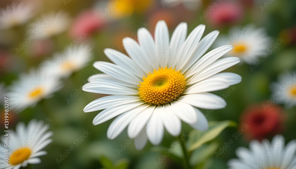 Obraz premium White daisies blooming in a garden surrounded by grass and flowers