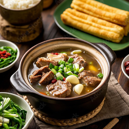 Traditional Malaysian Bak Kut Teh in a Clay Pot with Herbal Broth