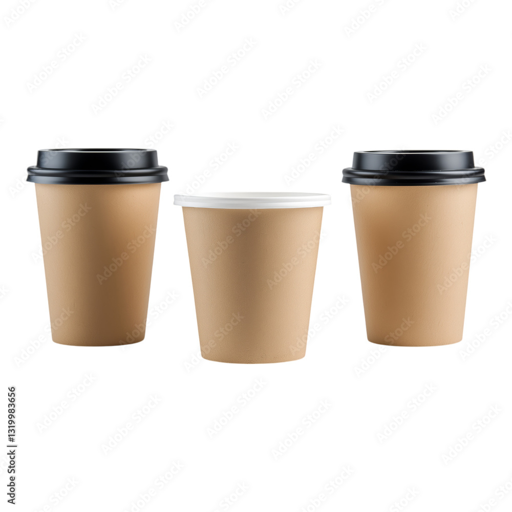 Three disposable coffee cups with lids on transparent background Three disposable coffee cups with lids on transparent background