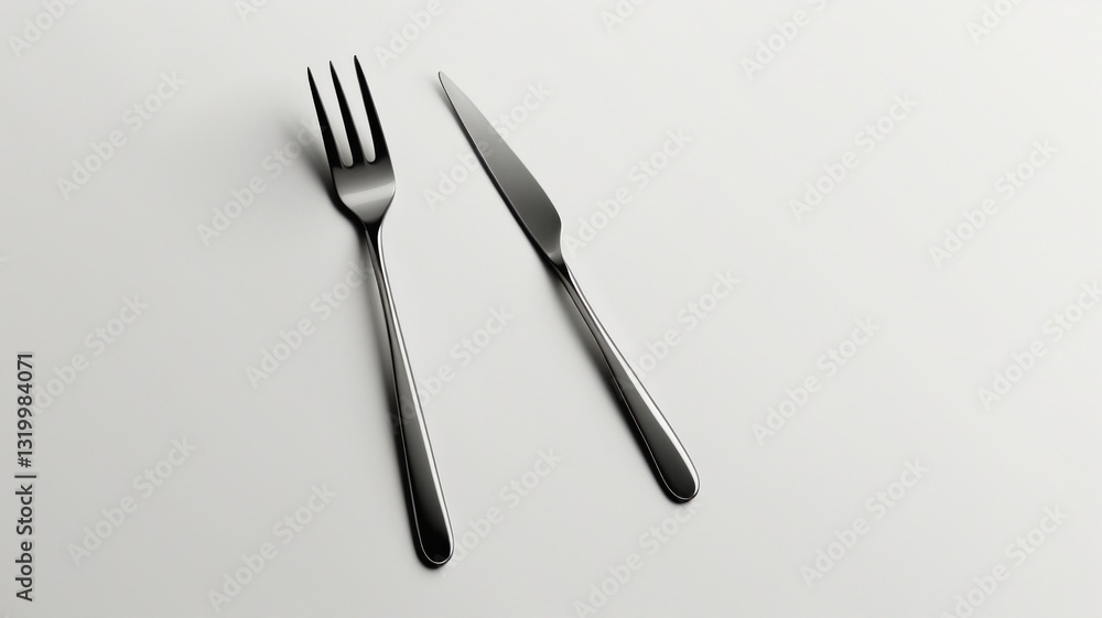 Elegant Stainless Steel Fork and Knife on a Clean White Background for Culinary and Dining Them Elegant Stainless Steel Fork and Knife on a Clean White Background for Culinary and Dining Them