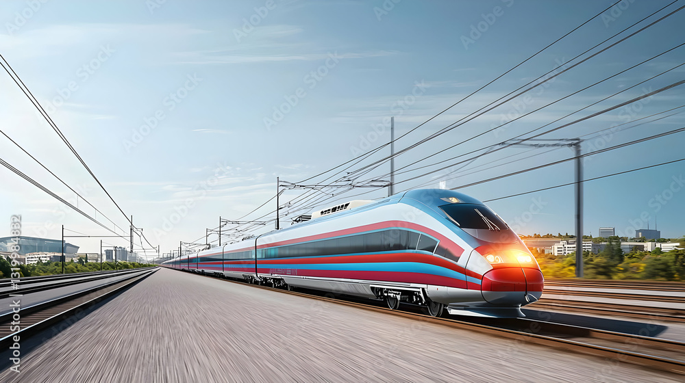 Naklejka premium Modern High-Speed Train in Motion on Railway Tracks with Cityscape in Background During Sunny Day