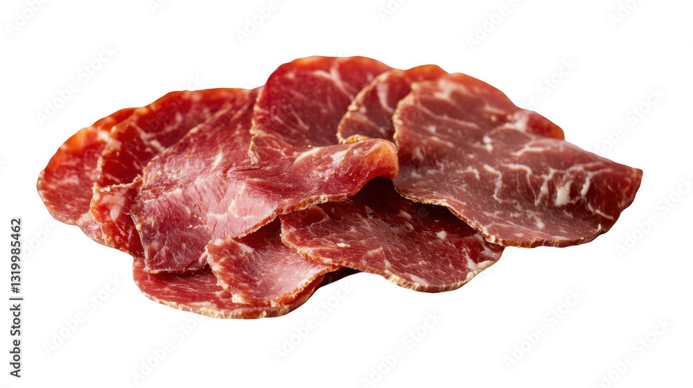 Obraz premium Thin Slices of Cured Meat on White Background for Culinary Use