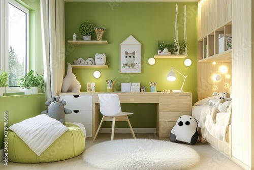Cozy, child's study room with green walls and wooden furniture