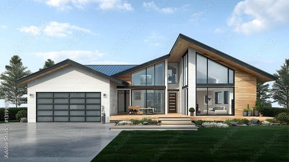 Modern Suburban House With Solar Panels And Lush Landscaping On A Sunny Day With Blue Sky Modern Suburban House With Solar Panels And Lush Landscaping On A Sunny Day With Blue Sky