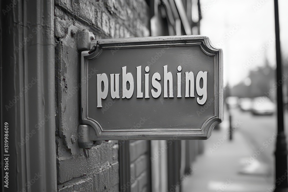 Old-Fashioned Publishing House Sign Mounted on Brick Wall in Urban Street Scene Symbolizing Traditional Print Media and Communication Industry Heritage