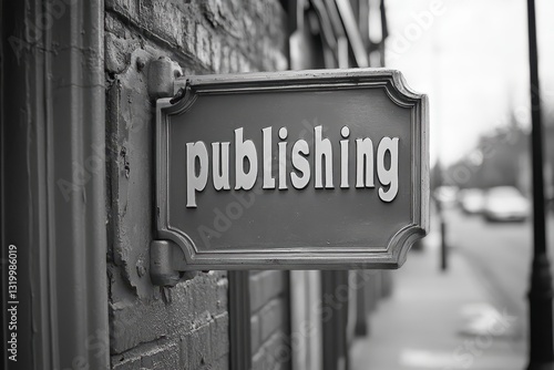 Obraz na płótnie Old-Fashioned Publishing House Sign Mounted on Brick Wall in Urban Street Scene Symbolizing Traditional Print Media and Communication Industry Heritage w salonie