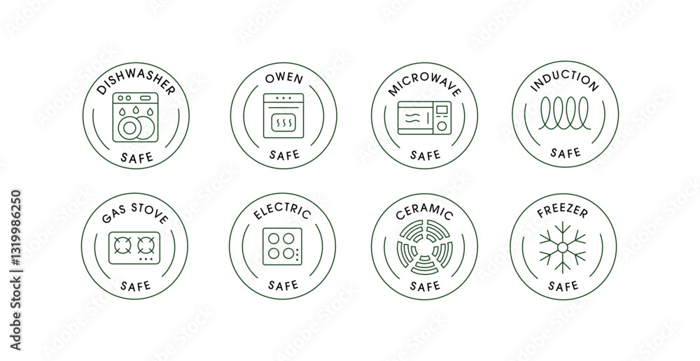 Kitchen Appliance Safety Icons Set: Dishwasher, Oven, Microwave, Induction, Gas Stove, Electric, Ceramic, Freezer Safe Labels. Editable Stroke. Kitchen Appliance Safety Icons Set: Dishwasher, Oven, Microwave, Induction, Gas Stove, Electric, Ceramic, Freezer Safe Labels. Editable Stroke.
