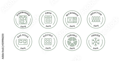 Kitchen Appliance Safety Icons Set: Dishwasher, Oven, Microwave, Induction, Gas Stove, Electric, Ceramic, Freezer Safe Labels. Editable Stroke.