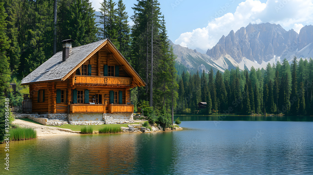 Obraz premium A breathtaking alpine landscape featuring a tranquil mountain lake, a cozy wooden cabin, and lush green pine trees