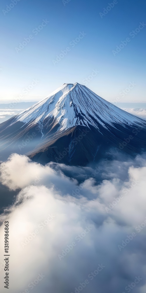 Fototapeta premium Majestic Mount Fuji Awe Inspiring Nature Photography Under Clear Blue Sky Experience Snow Capped Summit Of Japans Iconic Mountain Discover Breathtaking Views, Capturing Essence Of Natural Wonder