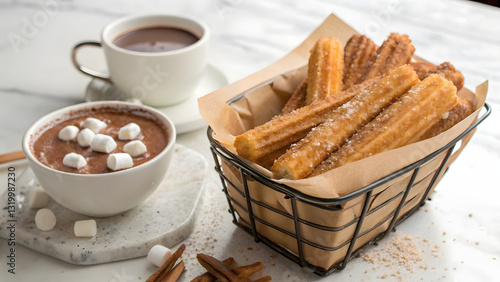 A basket of churros with cinnamon sugar beside a cup of hot chocolate, showcasing their golden, crispy perfection and rich, indulgent appeal