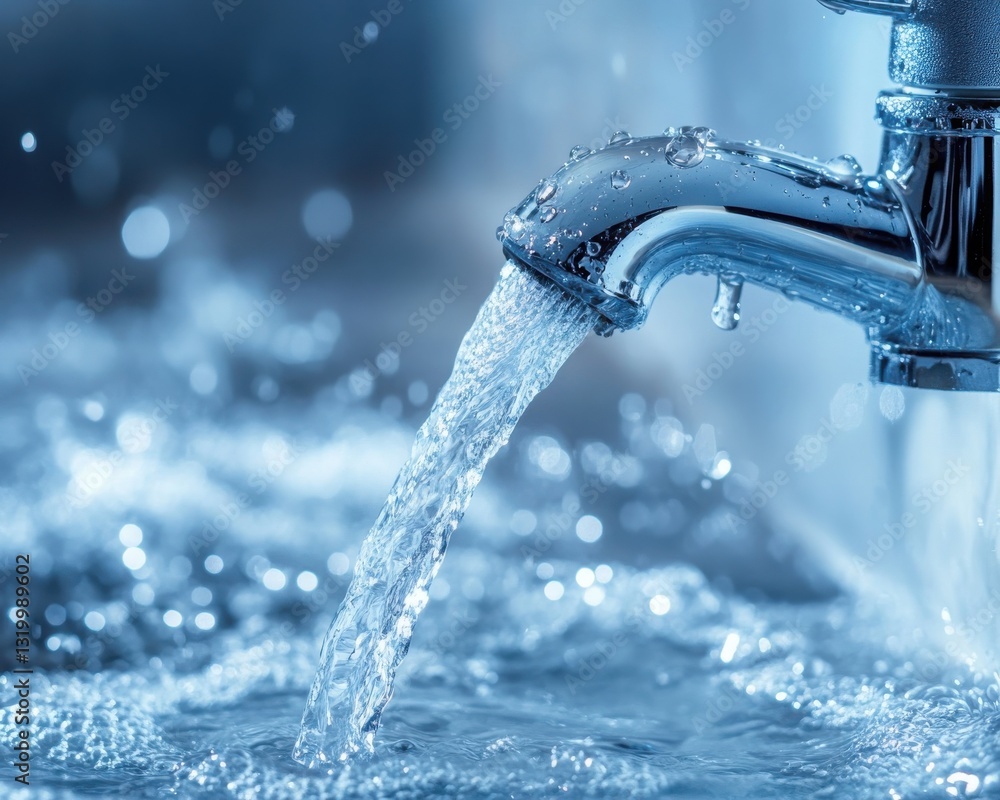 Shimmering water flows from a chrome faucet, creating ripples in a sink filled with clear water. Shimmering water flows from a chrome faucet, creating ripples in a sink filled with clear water.