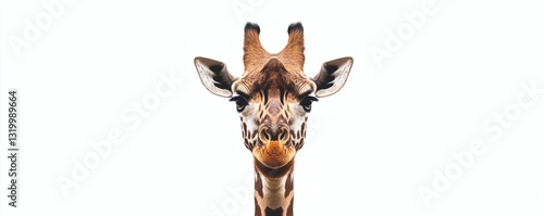 A frontal portrait showcases the head of a graceful giraffe