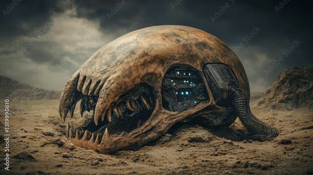 Futuristic alien skull with robotic elements and glowing eyes in deserted landscape under stormy skies