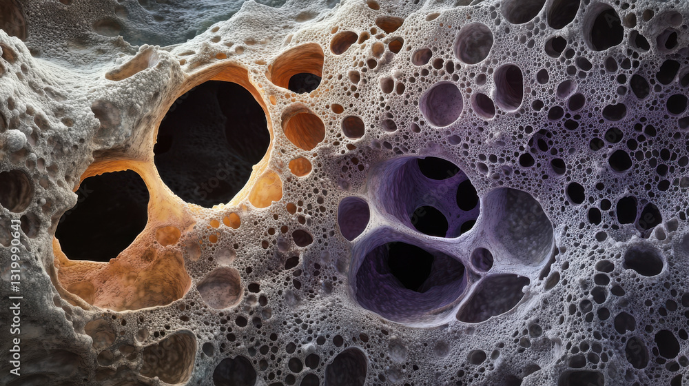 Abstract organic texture with colorful circular patterns and complex surface structure in dynamic lighting effect