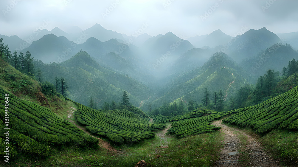 Obraz premium Misty Mountain Valley Landscape In Southeast Asia