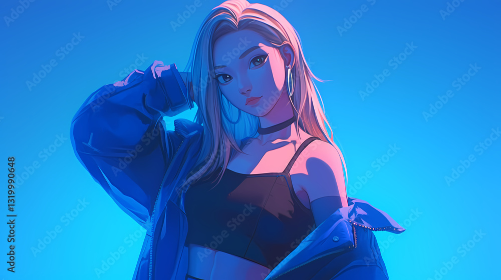 A stylish young woman poses confidently against a vibrant blue backdrop, showcasing urban fashion