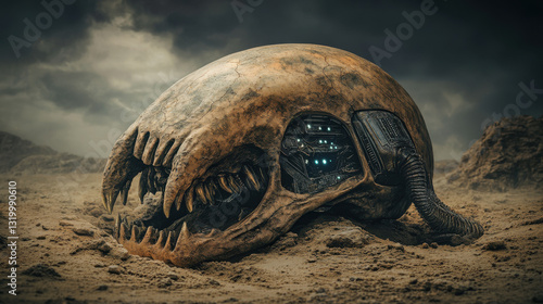 Obraz na płótnie Futuristic alien skull with robotic elements and glowing eyes in deserted landscape under stormy skies w salonie