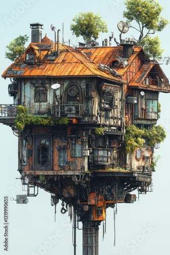 Futuristic steampunk treehouse with rusted metal rooftops and lush green foliage on a floating mechanical platform