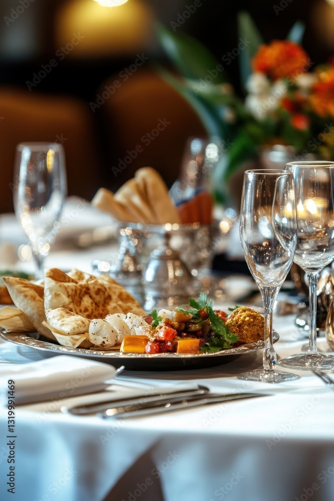 Elegant dining setting with gourmet appetizers on a luxurious table. Elegant dining setting with gourmet appetizers on a luxurious table.