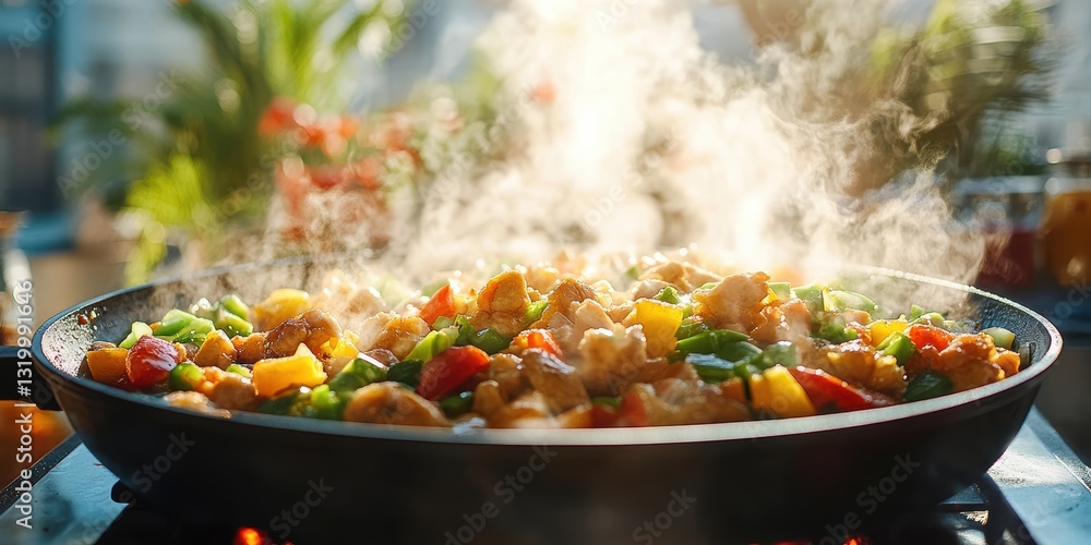 A vibrant and colorful stir fry dish with fresh vegetables and chicken pieces steaming in a hot skillet, showcasing an appetizing and healthy meal A vibrant and colorful stir fry dish with fresh vegetables and chicken pieces steaming in a hot skillet, showcasing an appetizing and healthy meal