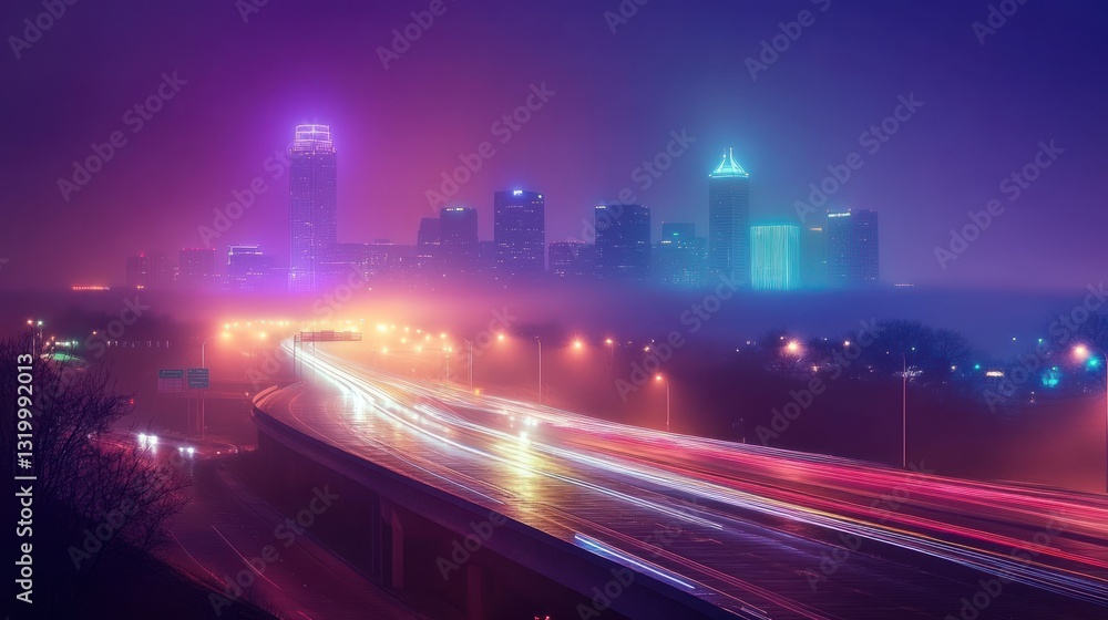 Fototapeta premium Neon Cityscape Nightscape: Foggy Highway and Skyline at Dusk
