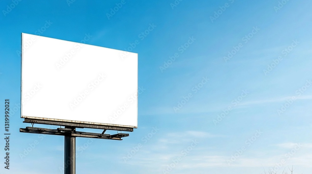 An outdoor blank advertising billboard against a clear blue sky background An outdoor blank advertising billboard against a clear blue sky background