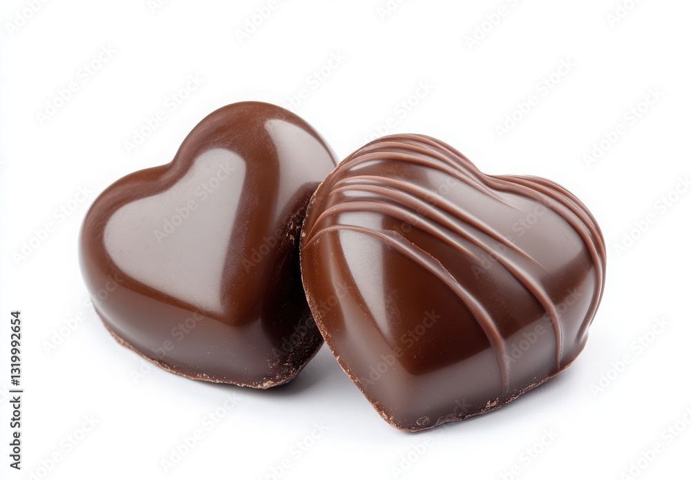 Two heart-shaped chocolates on a white background. Two heart-shaped chocolates on a white background.