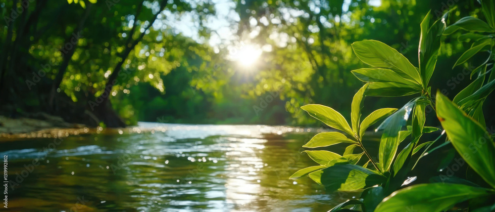 Serene river flowing through lush forest with sunlight filtering through leaves, creating tranquil atmosphere Serene river flowing through lush forest with sunlight filtering through leaves, creating tranquil atmosphere