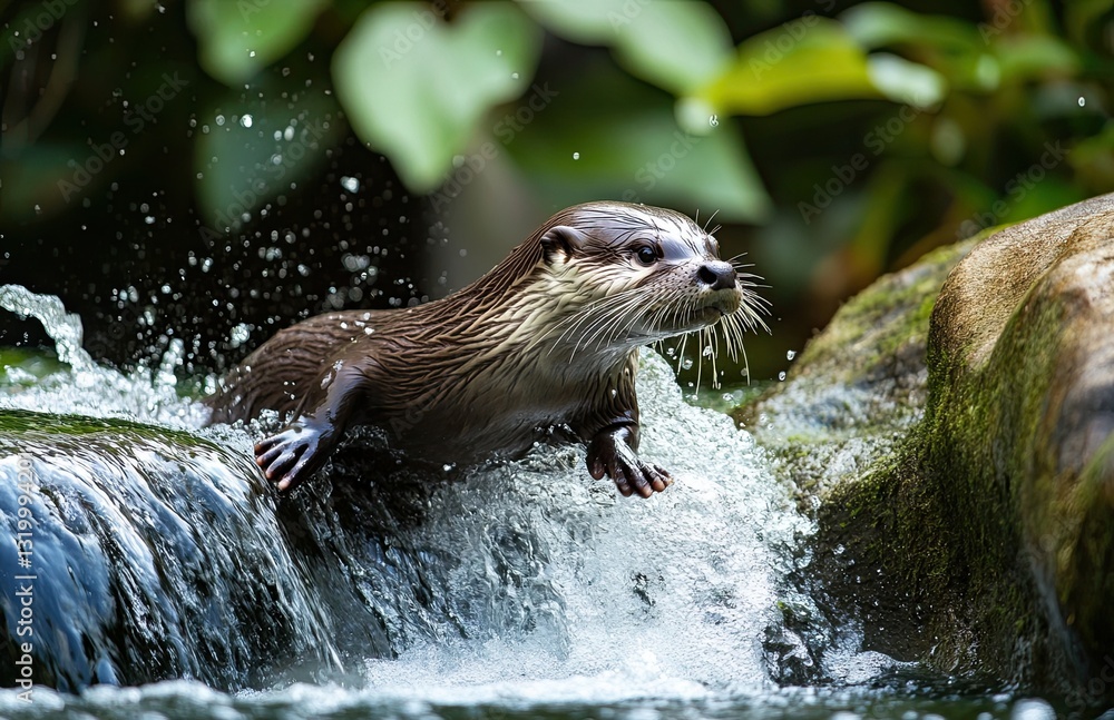 A playful otter sliding down a waterfall surrounded by lush greenery showcasing natures beauty and wildlife interaction perfect for educational and environmental storytelling projects A playful otter sliding down a waterfall surrounded by lush greenery showcasing natures beauty and wildlife interaction perfect for educational and environmental storytelling projects