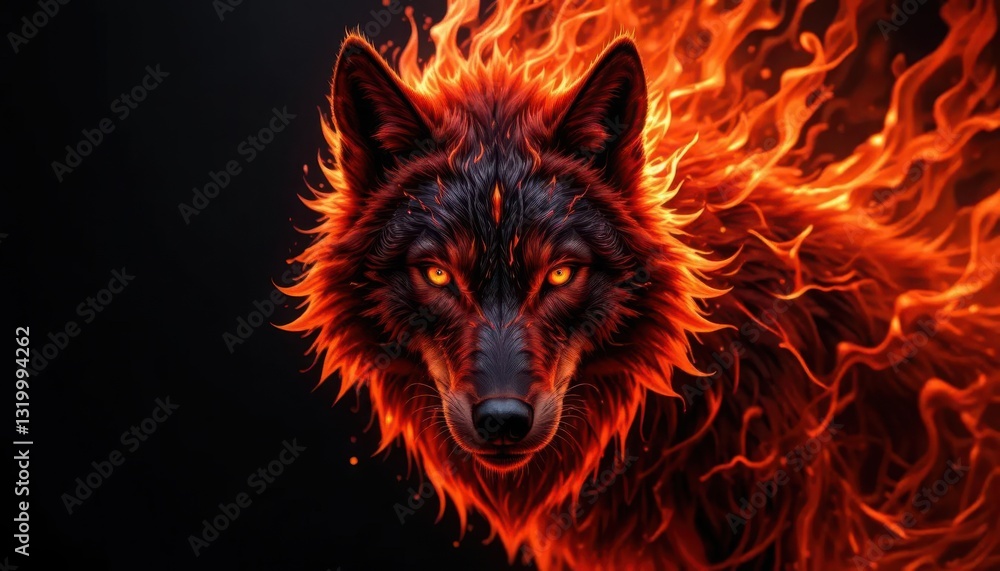 Wolf Surrounded by Fire with Glowing Eyes on a Black Background Wolf Surrounded by Fire with Glowing Eyes on a Black Background