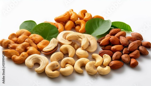 variety of cashew nuts including raw and roasted forms on a white background