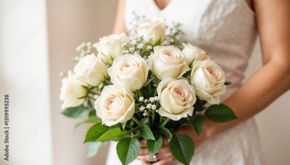 elegant bridal bouquet of white roses and baby's breath held by bride in wedding dress, classic floral arrangement for romantic ceremonies and celebrations elegant bridal bouquet of white roses and baby's breath held by bride in wedding dress, classic floral arrangement for romantic ceremonies and celebrations