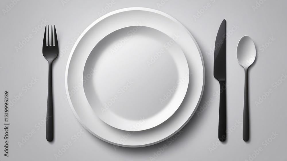 Elegant Table Setting with White Plates and Black Cutlery for Minimalist Dining Experience Elegant Table Setting with White Plates and Black Cutlery for Minimalist Dining Experience