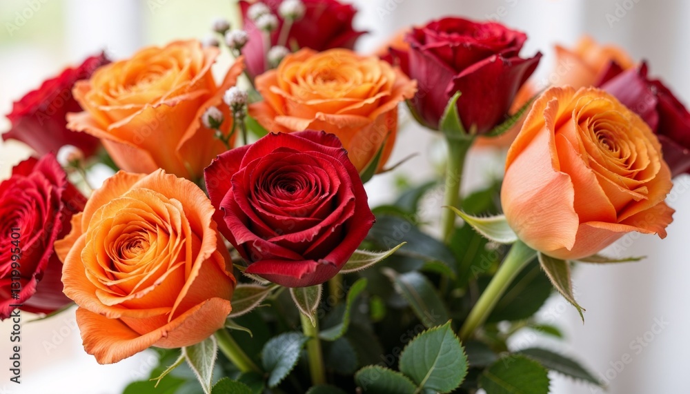 vibrant bouquet of red and orange roses in full bloom, elegant floral arrangement for celebrations, romantic gifts, and home decor vibrant bouquet of red and orange roses in full bloom, elegant floral arrangement for celebrations, romantic gifts, and home decor