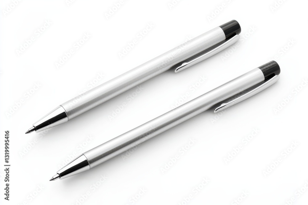 Elegant metal ballpoint pen with cap displayed on white background Elegant metal ballpoint pen with cap displayed on white background