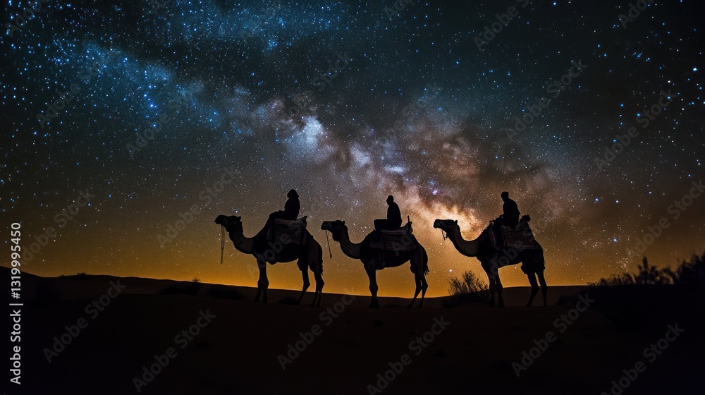 Fototapeta premium Desert Caravan Under the Milky Way: A Nighttime Journey Across the Sands