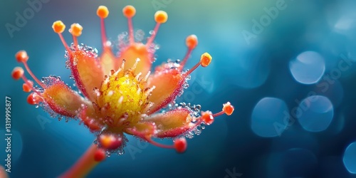 Close-up macro shot of a vibrant and colorful flower with dew droplets on petals against a soft-focus blue bokeh background, evoking a serene and magical atmosphere in nature.