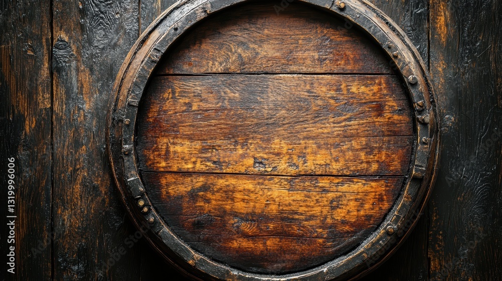 Vintage oak barrel lid with rich, textured wood grain, showcasing the rustic charm of traditional craftsmanship, surrounded by aged metal bands on an old wooden backdrop