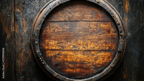 Vintage oak barrel lid with rich, textured wood grain, showcasing the rustic charm of traditional craftsmanship, surrounded by aged metal bands on an old wooden backdrop