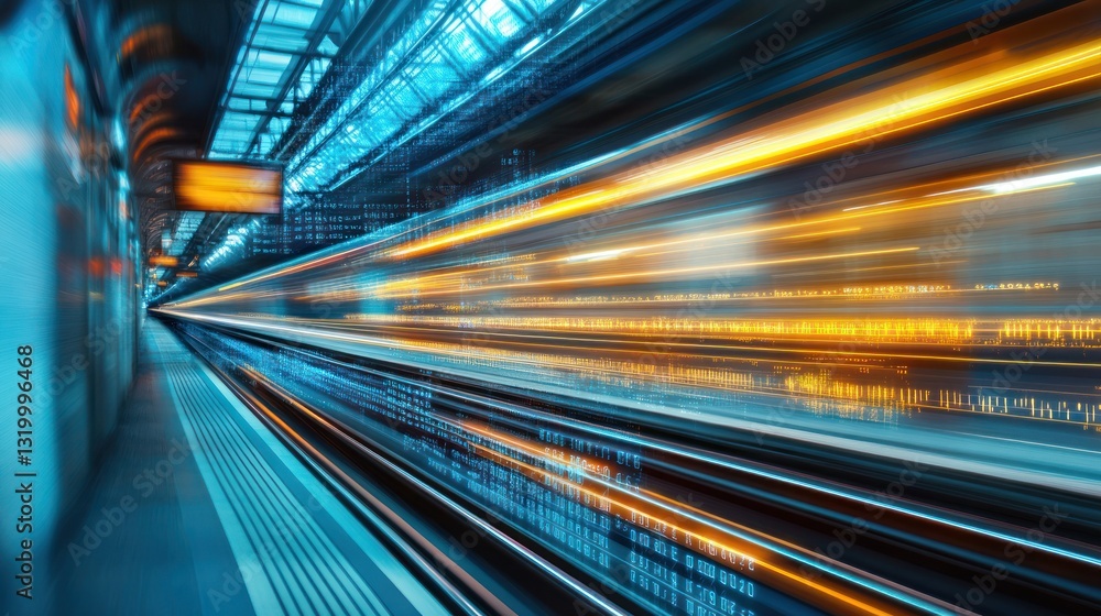 High-Speed Train, Digital Stream, Futuristic Transportation, Technological Advancement, Motion Blur, Urban Transit, Railway Station High-Speed Train, Digital Stream, Futuristic Transportation, Technological Advancement, Motion Blur, Urban Transit, Railway Station