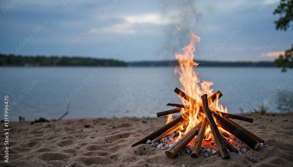 Fototapeta premium cozy campfire on sandy lakeshore with peaceful water view at dusk, relaxing outdoor adventure in nature with warm flames and serene atmosphere