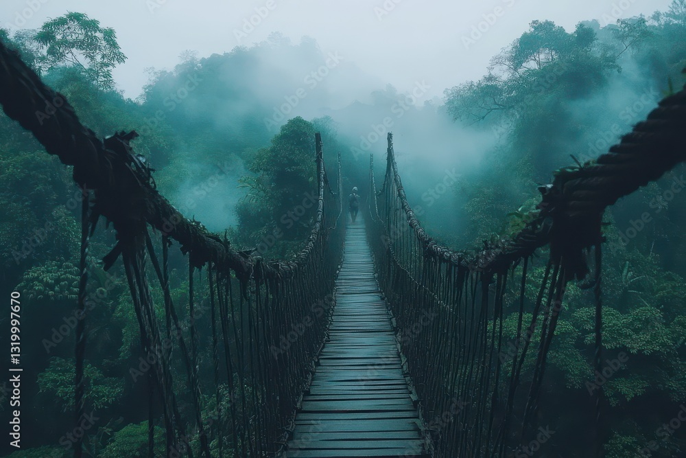 Obraz premium Misty Forest Suspension Bridge with Lush Greenery and Foggy Landscape
