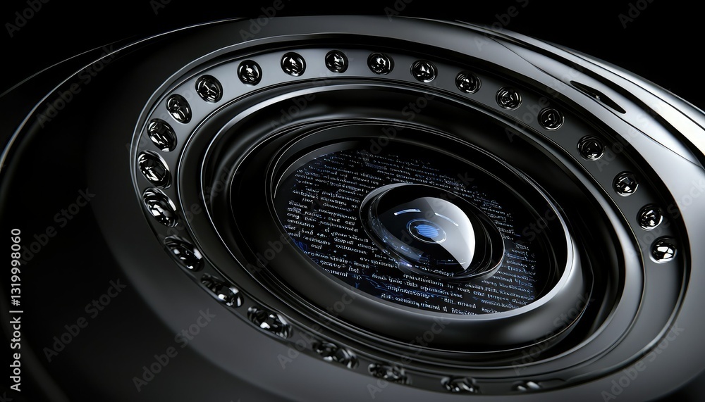 A close-up view of a camera lens showcasing intricate details and textures in its design, emphasizing its optical components. A close-up view of a camera lens showcasing intricate details and textures in its design, emphasizing its optical components.